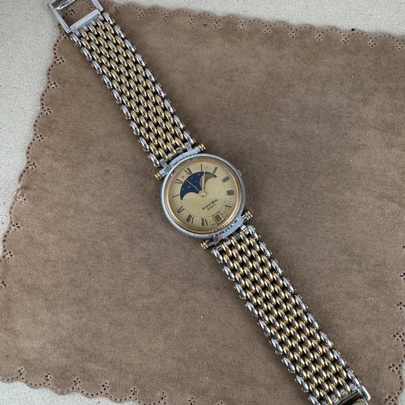 Classic Swiss Made Ravisa Quartz Moon Phase Champagne Dial 2 Tone Ladies Watch - Picture 5 of 12